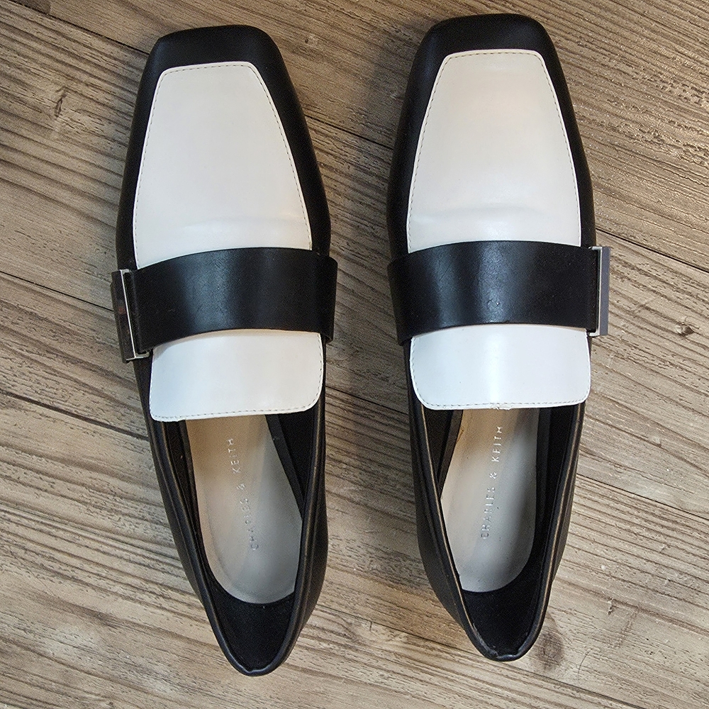 Charles & Keith Black and White Leather Loafers